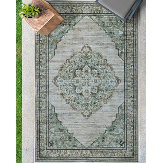                       Kaleen India Traditional  Rug in a Bag-Washable Indoor/Outdoor Carpet for Bedroom/Living Area/Home-Anti Slip Backing, Polyester Self Backing for Longevity-Foldable & Easy to Store (Beige & Green Rectangle 4X6)                                              