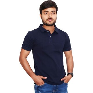                       Summer Beauty Solid Men Polo Neck Navy Blue T-Shirt                                              