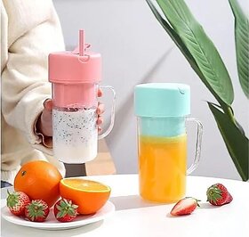 Portable and USB rechargeable 2 in 1 Juicer with Handle & Straw for Juice, Smoothie Sipper (420 ML) 6 Stainless Steel Blades Compact Juicer Mixer (Blush Petal)