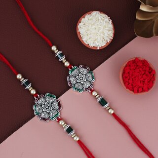 LUCKY JEWELLERY Oxidised Silver Meena Floral Rakhi for Brother/Bhaiya/Bhai/Bhabhi - Pack of 2 LUCKY JEWELLERY Oxidised Silver Meena Floral Rakhi for Brother/Bhaiya/Bhai/Bhabhi - Pack of 2