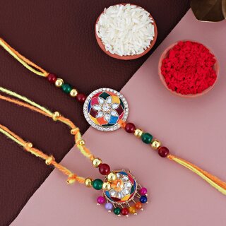 LUCKY JEWELLERY Gold Plated Meena Stone Rakhi with Lumba Bracelet for Bhaiya Bhabhi- Pack of 2 LUCKY JEWELLERY Gold Plated Meena Stone Rakhi with Lumba Bracelet for Bhaiya Bhabhi- Pack of 2