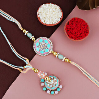 LUCKY JEWELLERY Gold Plated Meena Stone Rakhi with Lumba Bracelet for Bhaiya Bhabhi- Pack of 2 LUCKY JEWELLERY Gold Plated Meena Stone Rakhi with Lumba Bracelet for Bhaiya Bhabhi- Pack of 2