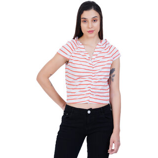                       Women Tomato Red V neck Stripe T-shirt                                              