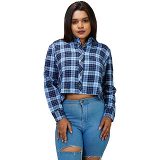                       Women Sky Blue Checked Cotton Shirts                                              