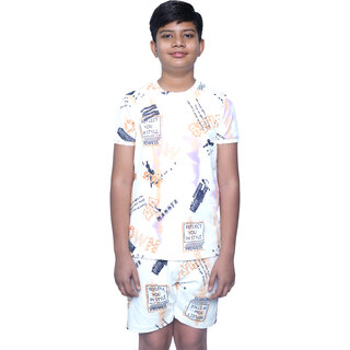 Kid Kupboard Cotton Boys T-Shirt and Short Set, White, Half-Sleeves, 9-10 Years KIDS6444
