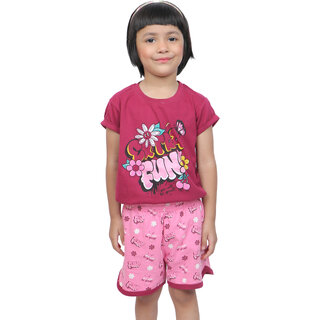                       Kid Kupboard Cotton Girls T-Shirt and Short Set, Purple and Pink, Half-Sleeves, 6-7 Years KIDS6449                                              
