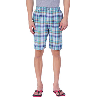                       Mens Light Blue Cotton Woven Checkered Boxer Shorts with Side Pocket                                              