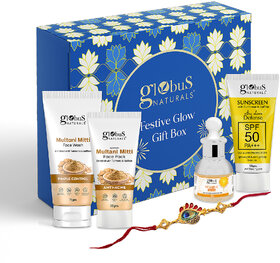 Globus Naturals Radiance Multani Mitti Rakhi Gift Box Set of 4 - Multani Mitti Face Wash 75g, Multani Mitti Face Pack 50g, Sunscreen 50 gm  Vitamin C Face Serum 30 ml