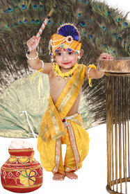 Raj Fancy Dresses Krishna Dress for Kids, Baby Krishna Dress for Janmashtami with Krishna Mukut, 3 Months-8 Years