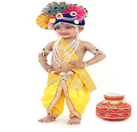 Raj Fancy Dresses Krishna Dress for Kids, Baby Krishna Dress for Janmashtami with Krishna Mukut, 3 Months-8 Years