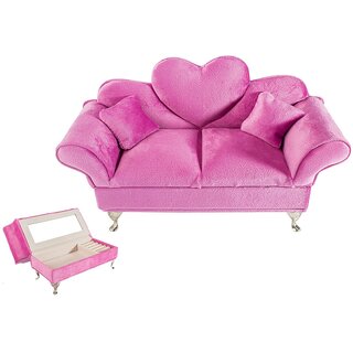 Rose Pink Velvet Sofa Jewelry Box, 9.8 Inch, Openable Heart Shape Armchair for 1/6 Scale Dolls, Living Room Furniture