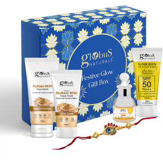 Globus Naturals Radiance Multani Mitti Rakhi Gift Box Set of 4 - Multani Mitti Face Wash 75g, Multani Mitti Face Pack 50g, Sunscreen 50 gm  Vitamin C Face Serum 30 ml