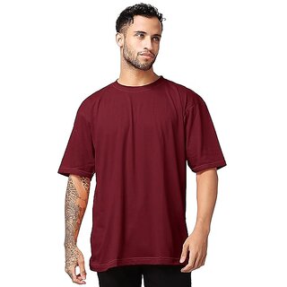                       Roundfeet Men's Maroon Cotton Relaxed-Fit T-Shirts with Round Neck Oversize Perfect Loose Fit                                              