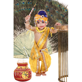                       Raj Fancy Dresses Krishna Dress for Kids, Baby Krishna Dress for Janmashtami with Krishna Mukut, 3 Months-8 Years                                              