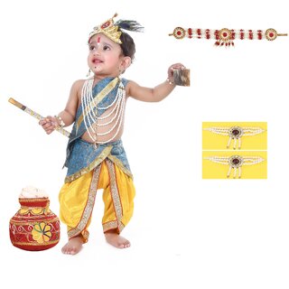 Raj Fancy Dresses Krishna Dress for Kids, Baby Krishna Dress for Janmashtami with Krishna Mukut, 3 Months-8 Years