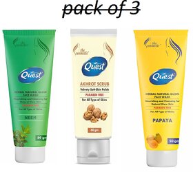 QUEST AKHROT SCRUB  NEEM & PAPAYA FACE WASH( PACK OF 3)