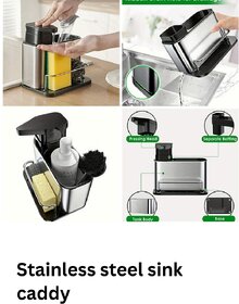 3 in 1 Kitchen Sink Organiser Soap Dispenser with Removable Drain Tray Stainless Steel Sponge Holder Multifunctional Bru