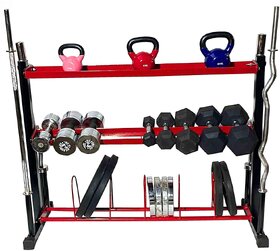 Protoner dumbbells rack, plate rack, gym rod bar stand with kettle bell and accessory shelf for home gym