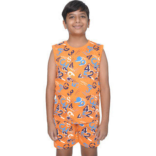 Kid Kupboard Cotton Boys T-Shirt and Short Set, Light Orange, Sleeveless, 7-8 Years KIDS6475