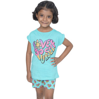                       Kid Kupboard Cotton Girls T-Shirt and Short Set, Light Blue, Half-Sleeves, 6-7 Years KIDS6477                                              