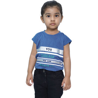                       Kid Kupboard Cotton Baby Girls T-Shirt, Blue, Half-Sleeves, 3-4 Years KIDS6494                                              