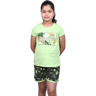                       Kid Kupboard Cotton Girls T-Shirt and Short Set, Green, Half-Sleeves, 9-10 Years KIDS6506                                              