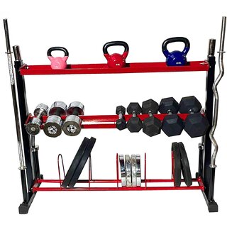                       Protoner dumbbells rack, plate rack, gym rod bar stand with kettle bell and accessory shelf for home gym                                              