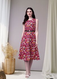 Rayon Floral Print Sleeveless V-neck A-line Dress for Women