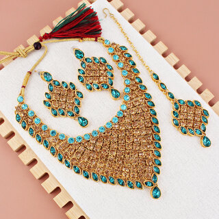 LUCKY JEWELLERY Designer Gold Plated Gold Turquoise Color Stone Necklace Set For Women Girls (825-L1SS-836-LCT-F) LUCKY JEWELLERY Designer Gold Plated Gold Turquoise Color Stone Necklace Set For Women Girls (825-L1SS-836-LCT-F)