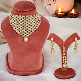                      LUCKY JEWELLERY Designer Gold Plated White Color Stone Necklace Set For Women  Girls (875-L1SS-838-W)                                              