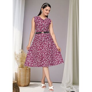                       Rayon Floral Print Sleeveless V-neck A-line Dress for Women                                              