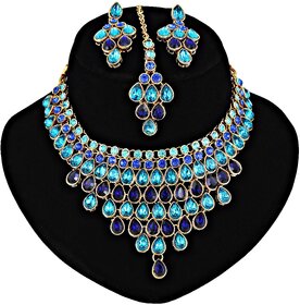 LUCKY JEWELLERY Designer Gold Plated Turquoise Blue Color Stone Necklace Set For Women  Girls (825-L1SS-837-FB)