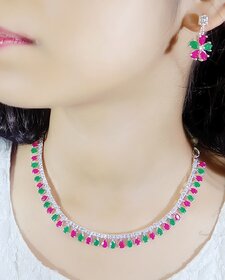 LaaLi Silver Plated Green,Pink,White Alloy Necklace Set