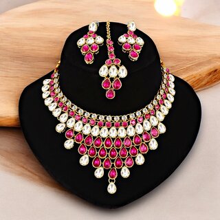LUCKY JEWELLERY Designer Gold Plated White Magenta Color Stone Necklace Set For Women Girls (825-L1SS-837-W-R) LUCKY JEWELLERY Designer Gold Plated White Magenta Color Stone Necklace Set For Women Girls (825-L1SS-837-W-R)
