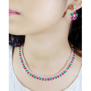                       LaaLi Silver Plated Green,Pink,White Alloy Necklace Set                                              