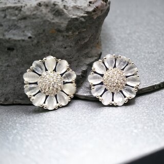                       Earrings For Women  Girls White Stone Studs Flower Round Fashion Stylish Tops- E2                                              