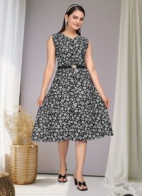 Rayon Floral Print Sleeveless V-neck A-line Dress for Women