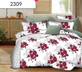 Indkus Nexa White Red Flowers printed Single bedsheet with 1 Pillow Covers (152 X 228 cm)