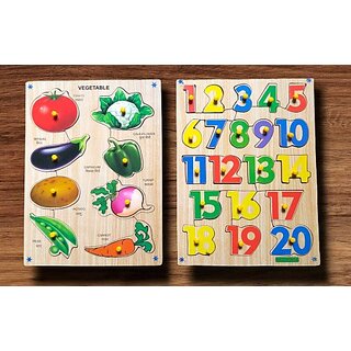                       VSINDIA Wooden Colorful Counting and Vegetables Puzzle Board for Kids (Pack of 2) (Multicolor)                                              