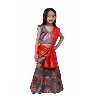                       Kid Kupboard Cotton Girls Lehanga, Choli and Dupatta Set, Multicolor, Sleeveless, 6-7 Years KIDS6531                                              