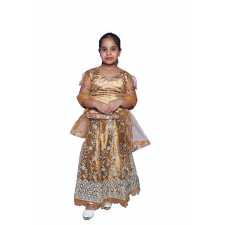                       Kid Kupboard Cotton Girls Lehanga, Choli and Dupatta Set, Yellow, Sleeveless, 8-9 Years KIDS6533                                              