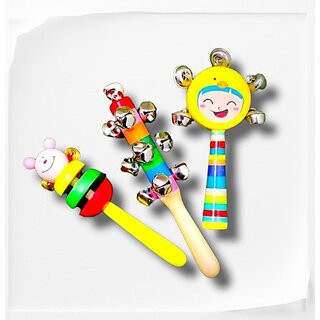 Buy VSINDIA Colorful Wood Rattle for newborn baby Smiley Face, Bell ...