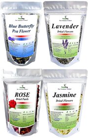 VY VedaYug Blue Butterfly Pea Flower + Rose Petals + Lavender Flowers + Jasmine Dry Flowers Herbal Tea Ingredient Set  Flower Drinks, Iced Teas, Coolers, Cocktails  95Gm