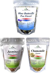 VY VedaYug Combo Herbal Tea 70g, in Stand Up Ziplock Reusable Pouch  Chamomile Flower 30g  Blue Butterfly 20g  Jasmine Dry Flowers 20g  Pack of 3  Total Weight, 70g