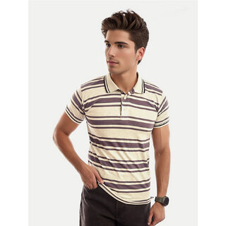                       Men Cream Fashion Striped Cotton Polo T-shirt                                              