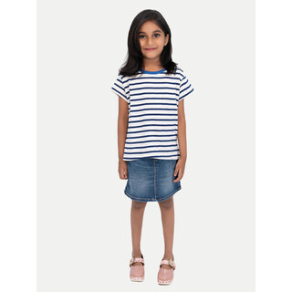                       Girls Navy Crew neck Striped T-shirt                                              