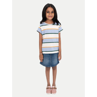                      Girls Light blue Crew neck Striped T-shirt                                              