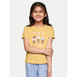                       Girls Yellow Printed Crew Neck T-Shirt                                              