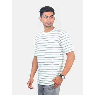                       Men Green and Dark Blue Stripped Cotton Casual T-shirt                                              