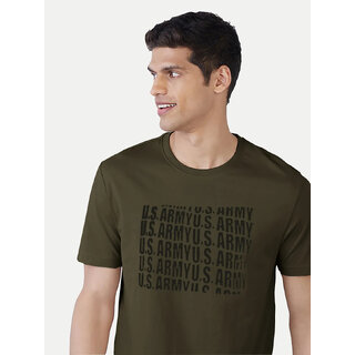                       Men Dark Green typographic printed basic cotton T-shirt                                              